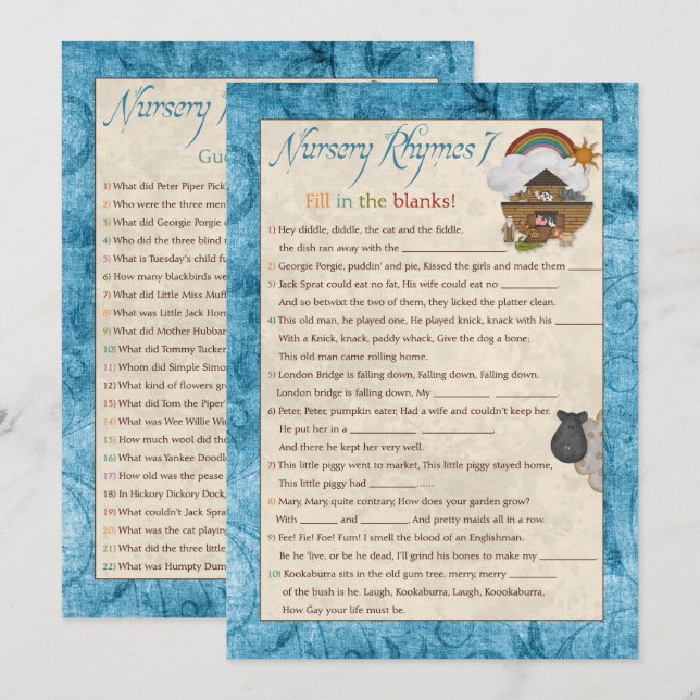 Blue Noah's Ark Nursery Rhyme Baby Shower Games Invitation (Front/Back)