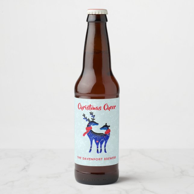 Blue Nordic Christmas Reindeer Pair Beer Bottle Label (Front)