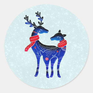 Blue Nordic Christmas Reindeer Pair Classic Round Sticker