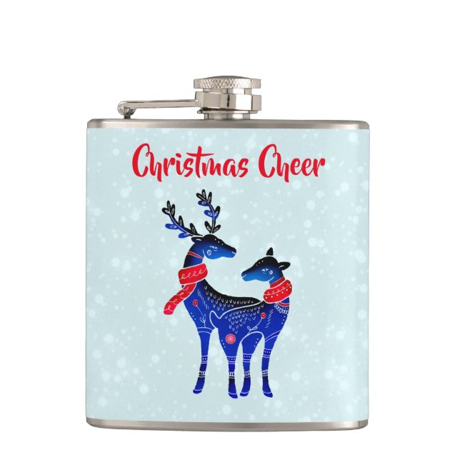 Blue Nordic Christmas Reindeer Pair Hip Flask (Front)