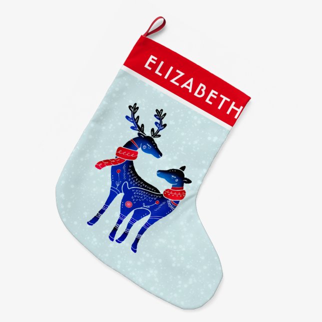 Blue Nordic Christmas Reindeer Pair Large Christmas Stocking (Front (Hanging))