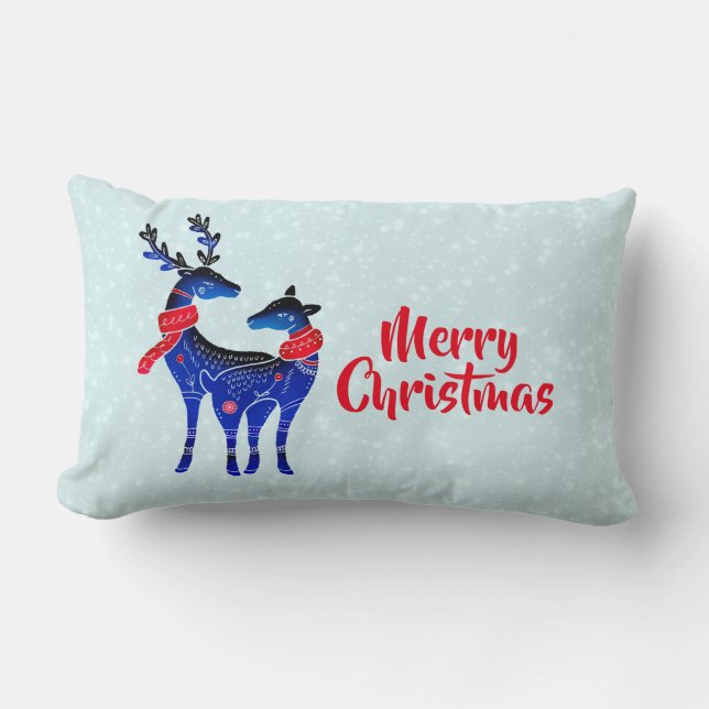 Blue Nordic Christmas Reindeer Pair Lumbar Cushion (Front)