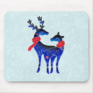 Blue Nordic Christmas Reindeer Pair Mouse Mat