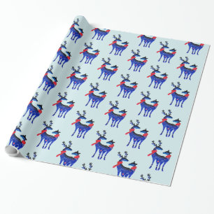 Blue Nordic Christmas Reindeer Pair Pattern Wrapping Paper
