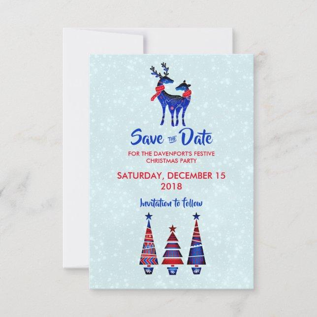 Blue Nordic Christmas Reindeer Pair Save The Date Invitation (Front)