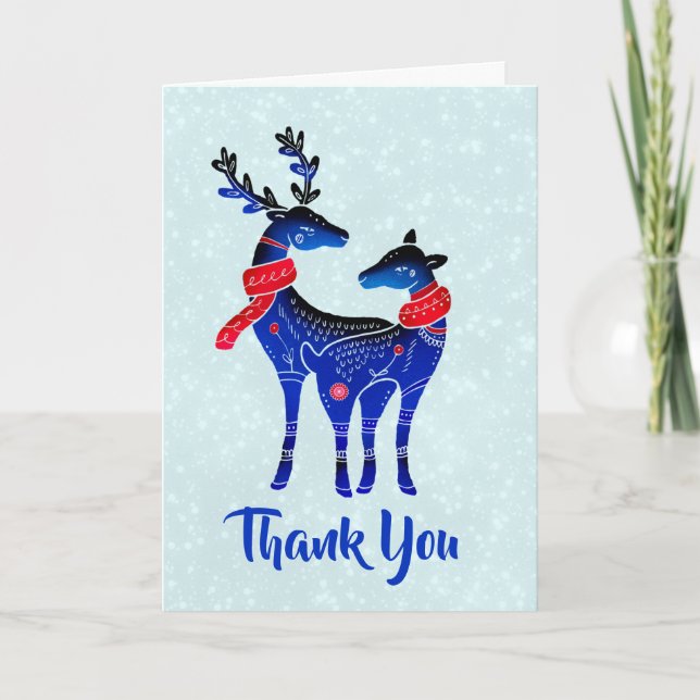 Blue Nordic Christmas Reindeer Pair Thank You Card (Front)