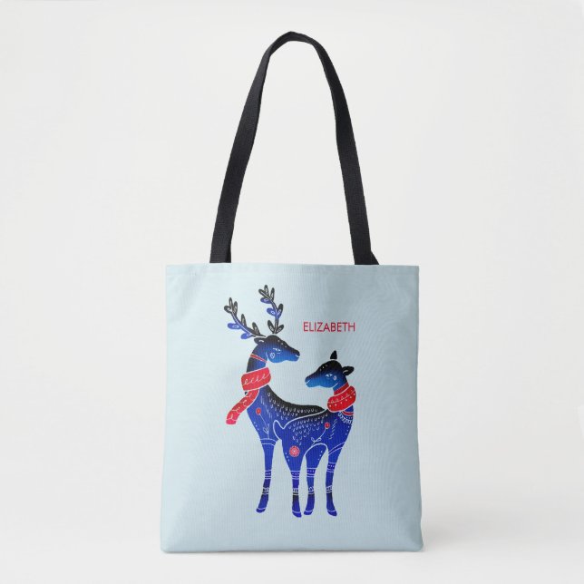 Blue Nordic Christmas Reindeer Pair Tote Bag (Front)
