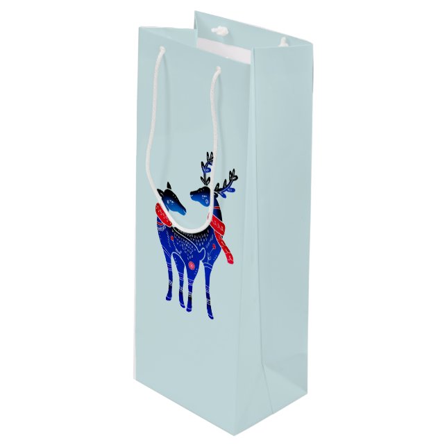 Blue Nordic Christmas Reindeer Pair Wine Gift Bag (Front Angled)