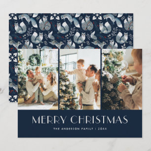 Blue Nordic Fox Photo Collage Merry Christmas Holiday Card
