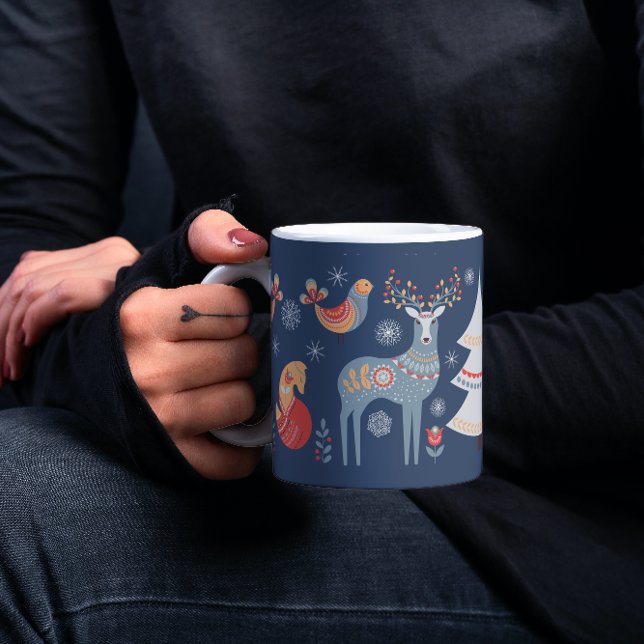 Blue Nordic Reindeer Christmas Tree Floral Holiday Coffee Mug (Creator Uploaded)