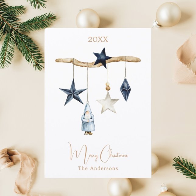Blue nordic stars gnome wood Christmas Holiday Card (Creator Uploaded)