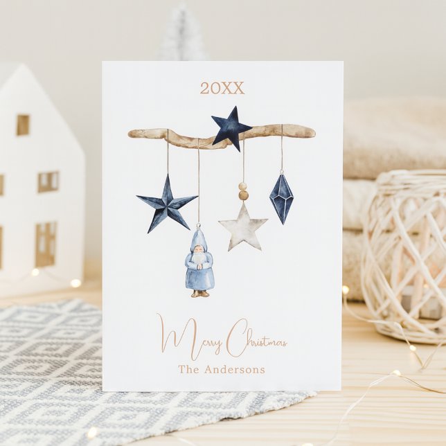 Blue nordic stars gnome wood Christmas Holiday Card (Creator Uploaded)
