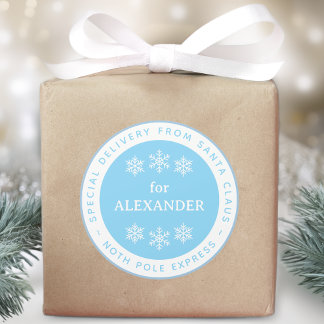 Blue North Pole Special Delivery from Santa Name Classic Round Sticker