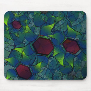 Blue notched virtual petals, leafy and red hexagon mouse mat