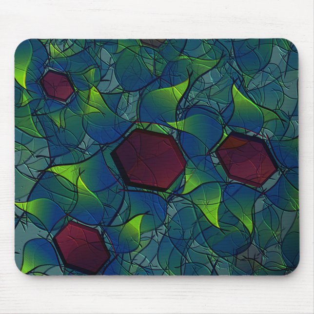 Blue notched virtual petals, leafy and red hexagon mouse mat (Front)