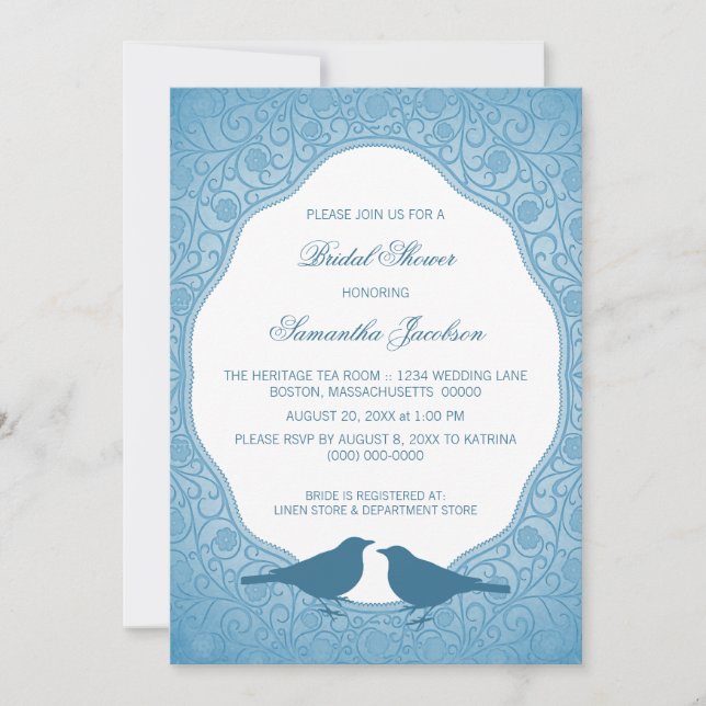 Blue Nouveau Floral Frame Bridal Shower Invite (Front)