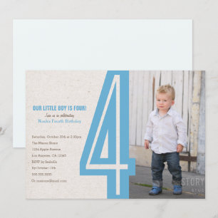 Blue Number Four Birthday Party Invitation