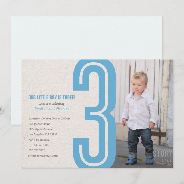 Blue Number Three Birthday Party Invitation (Front/Back)