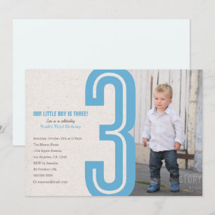 Blue Number Three Birthday Party Invitation