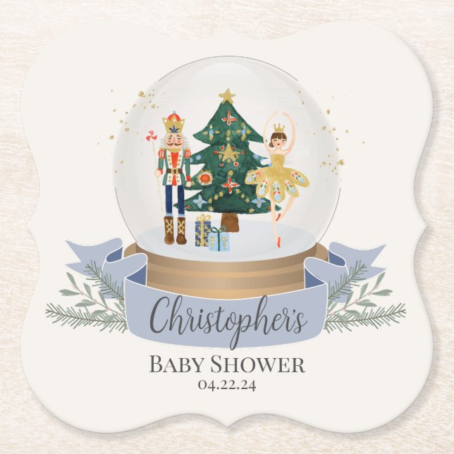 blue nutcracker christmas baby shower party paper coaster (Front)