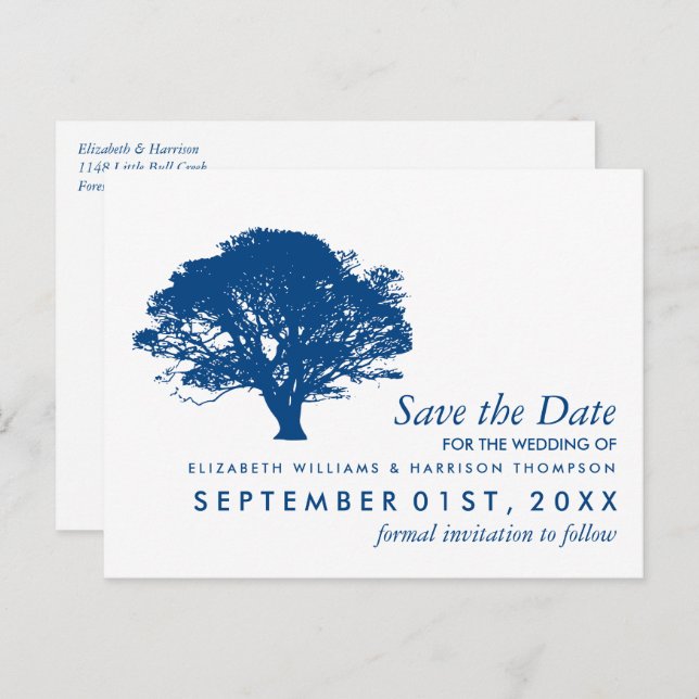 Blue Oak Tree, Rustic & Minimalistic Save the Date Postcard (Front/Back)