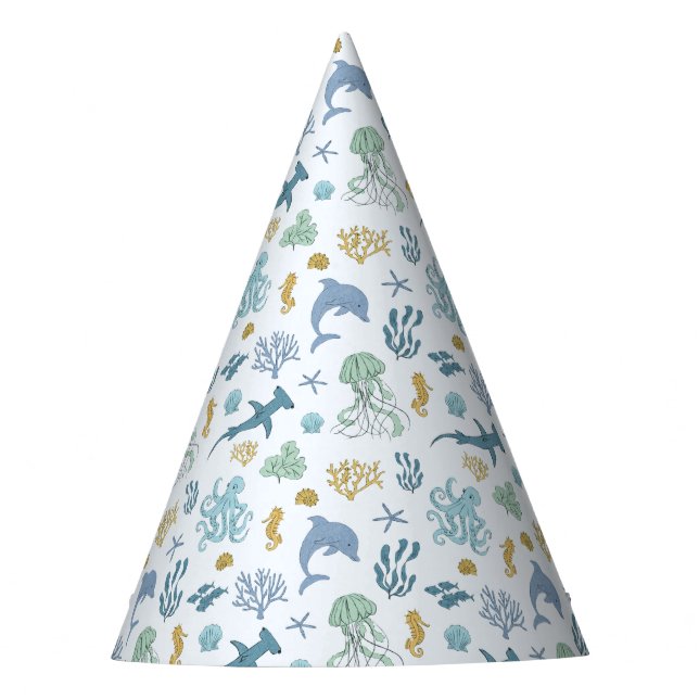 Blue Ocean Animals Birthday Party Hat (Front)