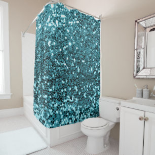 Blue Ocean Aqua Tiffany Faux Glitter Sequin Glam Shower Curtain