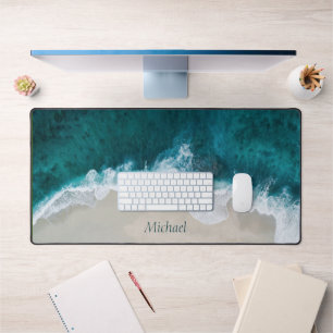 Blue ocean beach coastal initials desk mat