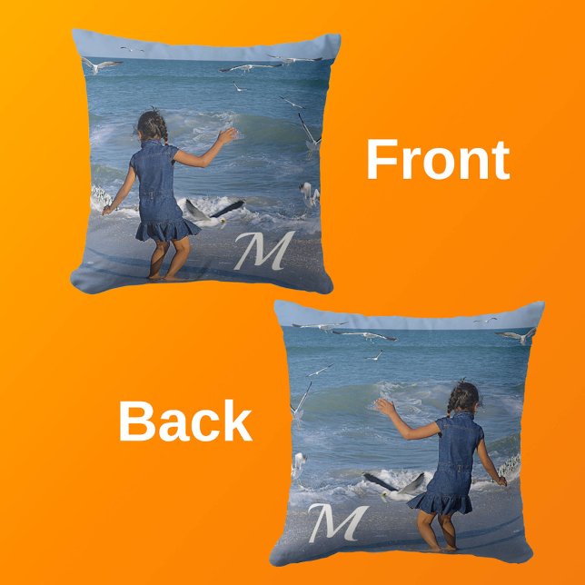 Blue Ocean Beach Girl Photo White Initial Cushion (Front & Back with Background)