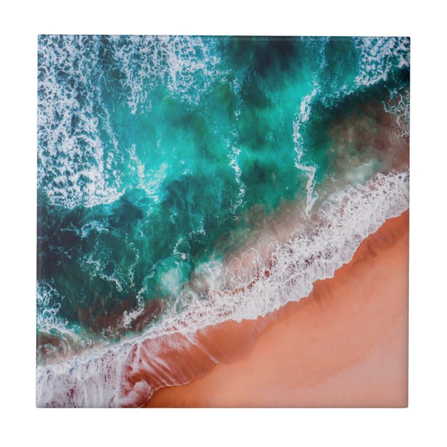 Blue ocean beach Monogram coastal sea ombre Tile (Front)