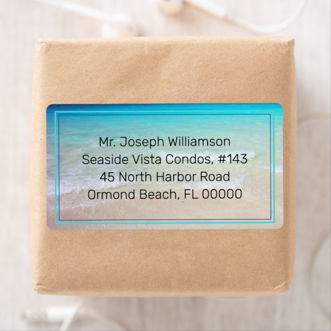 Blue Ocean Beach Sand Printed Text Shipping Labels (Insitu)