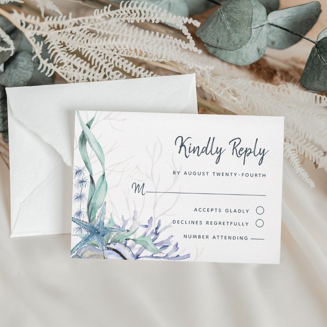 Blue Ocean Beach Seashells Watercolor Wedding RSVP Card (Creator Uploaded)