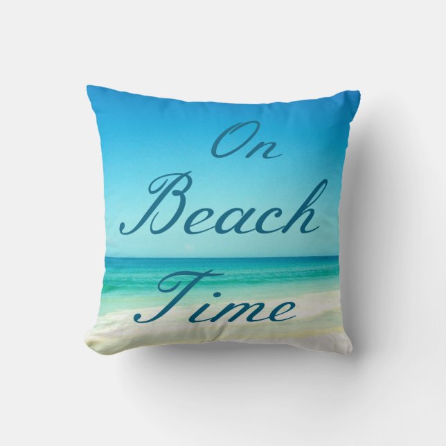 Blue Ocean Beach Typography Pillow (Front)
