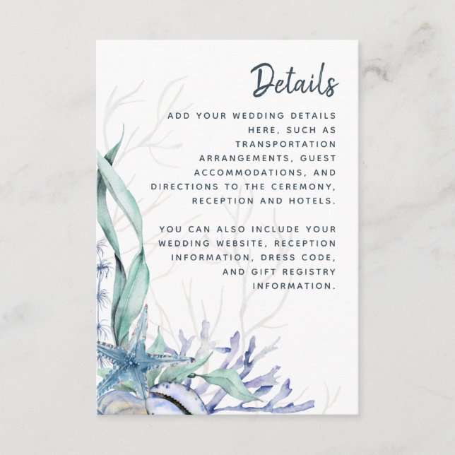 Blue Ocean Beach Watercolor Wedding Details Enclosure Card (Front)
