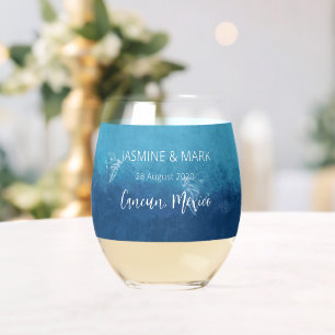 Blue Ocean Beach Wedding Custom Names Stemless Wine Glass