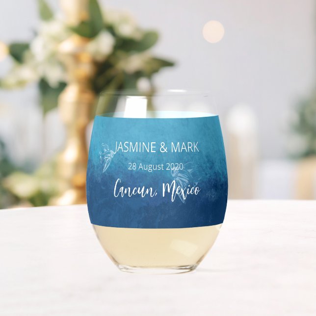 Blue Ocean Beach Wedding Custom Names Stemless Wine Glass (Insitu (Wedding))