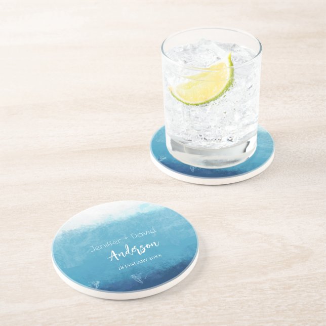 Blue Ocean Beach Wedding Custom Names Wedding  Coaster (Side)