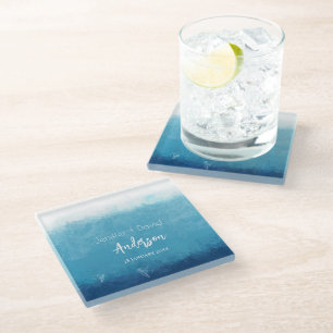 Blue Ocean Beach Wedding Custom Names Wedding Glass Coaster
