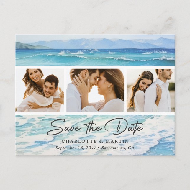 Blue Ocean Beach Wedding Photo Save The Date Announcement Postcard (Front)