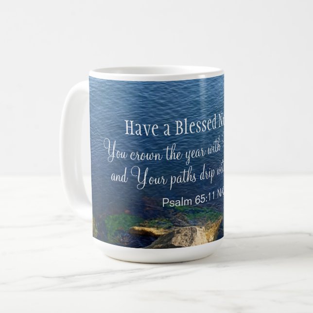 Blue Ocean Blessed New Year Christian Bible Verse Coffee Mug (Front Left)