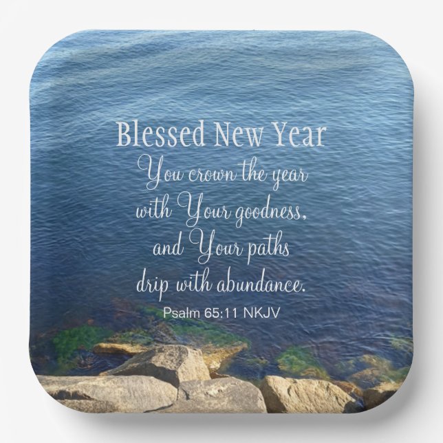 Blue Ocean Blessed New Year Christian Bible Verse  Paper Plate (Front)