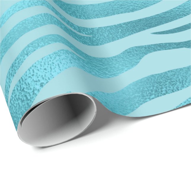 Blue Ocean Celestial Aqua Metallic Tiger Animal Wrapping Paper (Roll Corner)