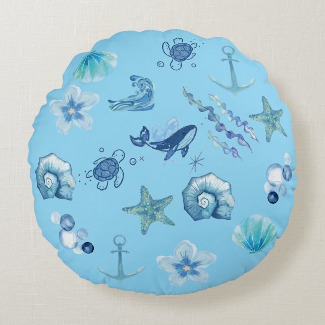 Blue Ocean Coastal Round Pillow (Front)
