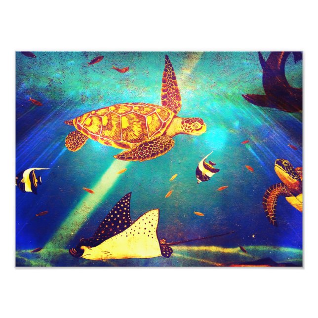 Blue Ocean Colourful Sea Turtle Painting Photo Print (Front)