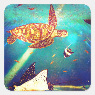 Blue Ocean Colourful Sea Turtle Painting Square Sticker