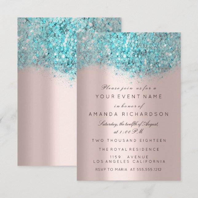 Blue Ocean Confetti Rose Gold Bridal Sweet 16th Invitation (Front/Back)