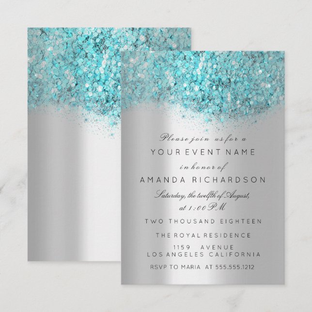 Blue Ocean Confetti Silver Grey Bridal Sweet 16th Invitation (Front/Back)