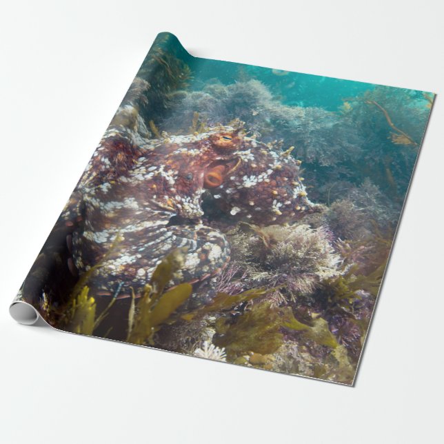 Blue ocean coral octopus wrapping paper (Unrolled)