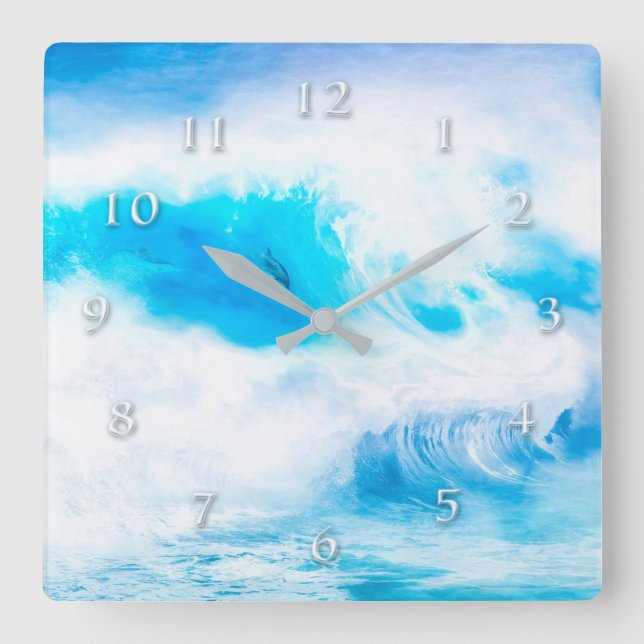 BLUE OCEAN DOLPHIN WAVE RIDERS SQUARE WALL CLOCK (Front)
