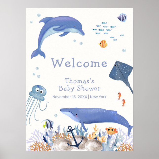 Blue Ocean Dolphin Whale Boy Baby Shower Welcome Poster (Front)